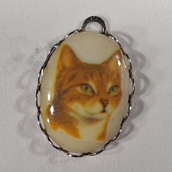 Tiny Oval Orange Cat Photo Pendant Necklace Orange Ginger Tabby Cat Silver Tone - Picture 1 of 3